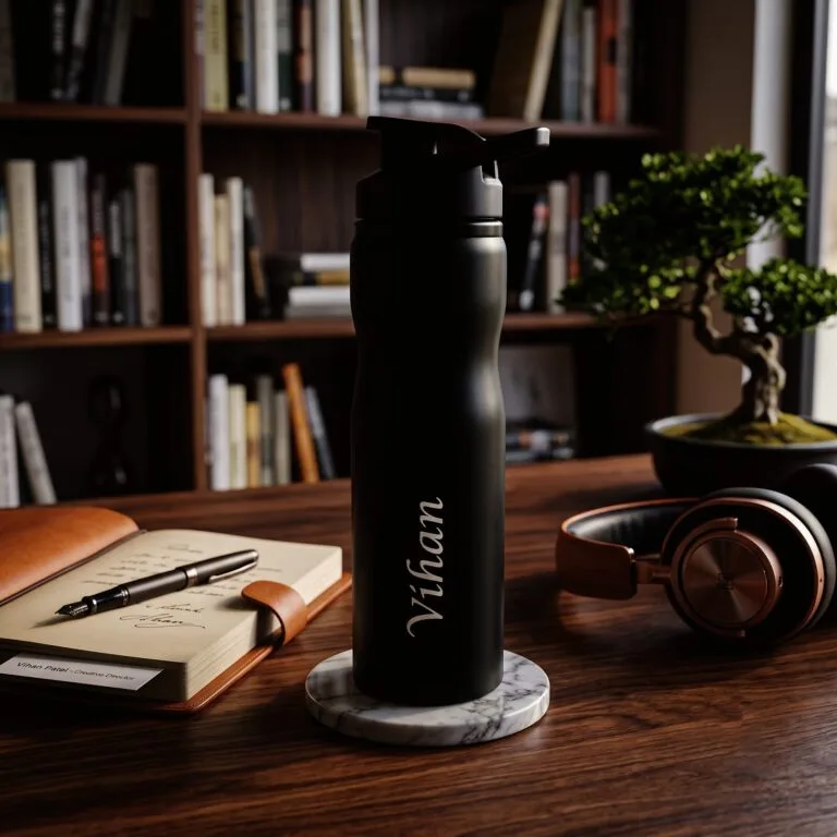 Personalized matte black sports water bottle with a custom name printed on the side
