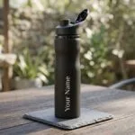Personalized matte black sports water bottle with a custom name printed on the side - view 3