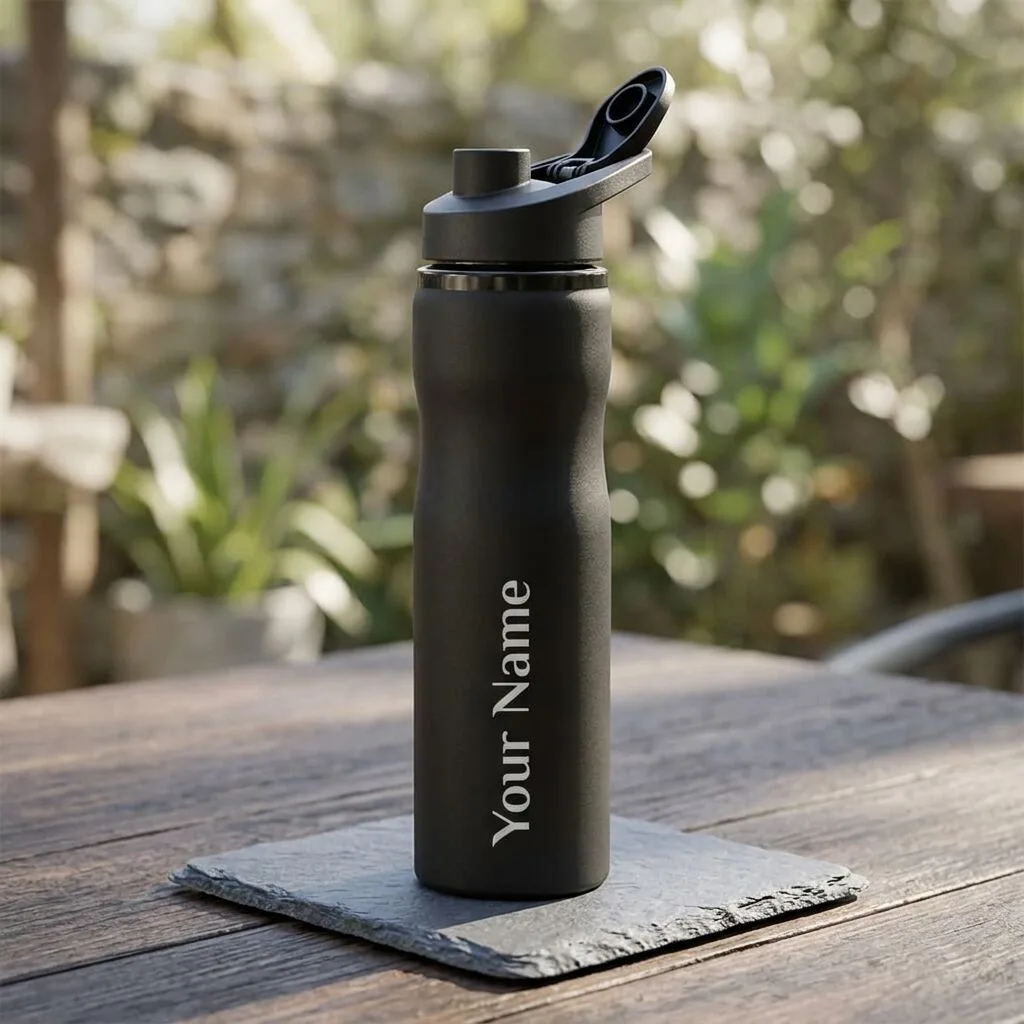 Personalized matte black sports water bottle with a custom name printed on the side - view 3