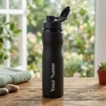 Personalized matte black sports water bottle with a custom name printed on the side - view 2