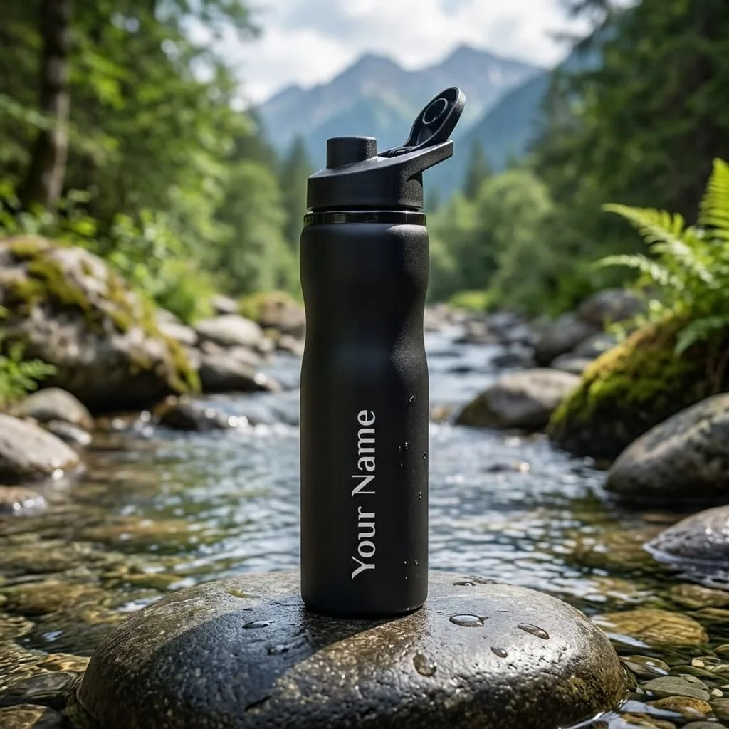 Personalized matte black sports water bottle with custom name printing, ergonomic grip, spill-resistant flip-top lid, and integrated carry handle for gym, office, travel, and corporate gifting.