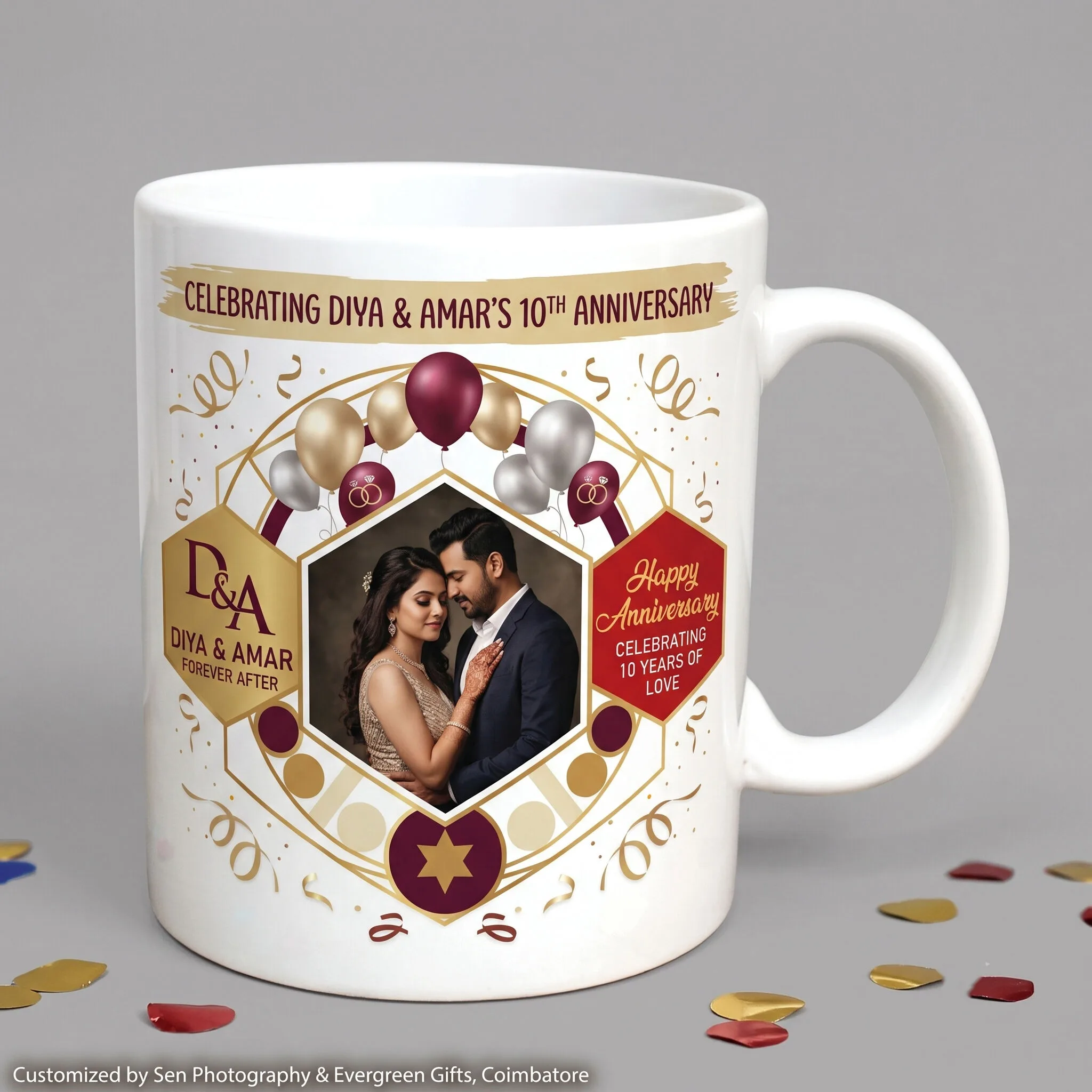 Custom anniversary photo mug printed with a couple photo and names - view 2