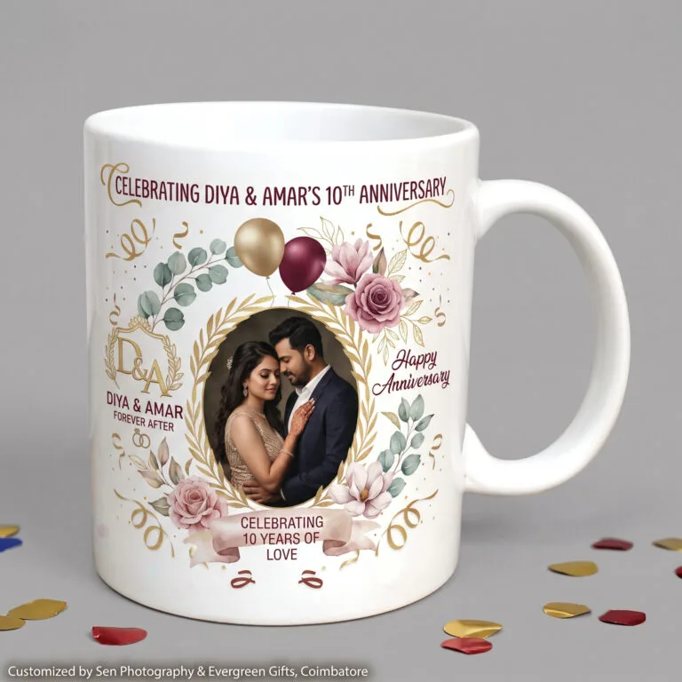 Custom anniversary photo mug printed with a couple photo and names