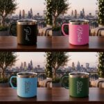 Personalized stainless steel custom name mugs in matte black, blue, and pink with elegant custom name printing.