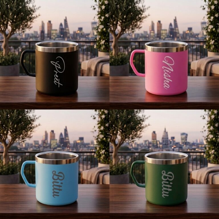 Personalized stainless steel custom name mugs in matte black, blue, and pink with elegant custom name printing.