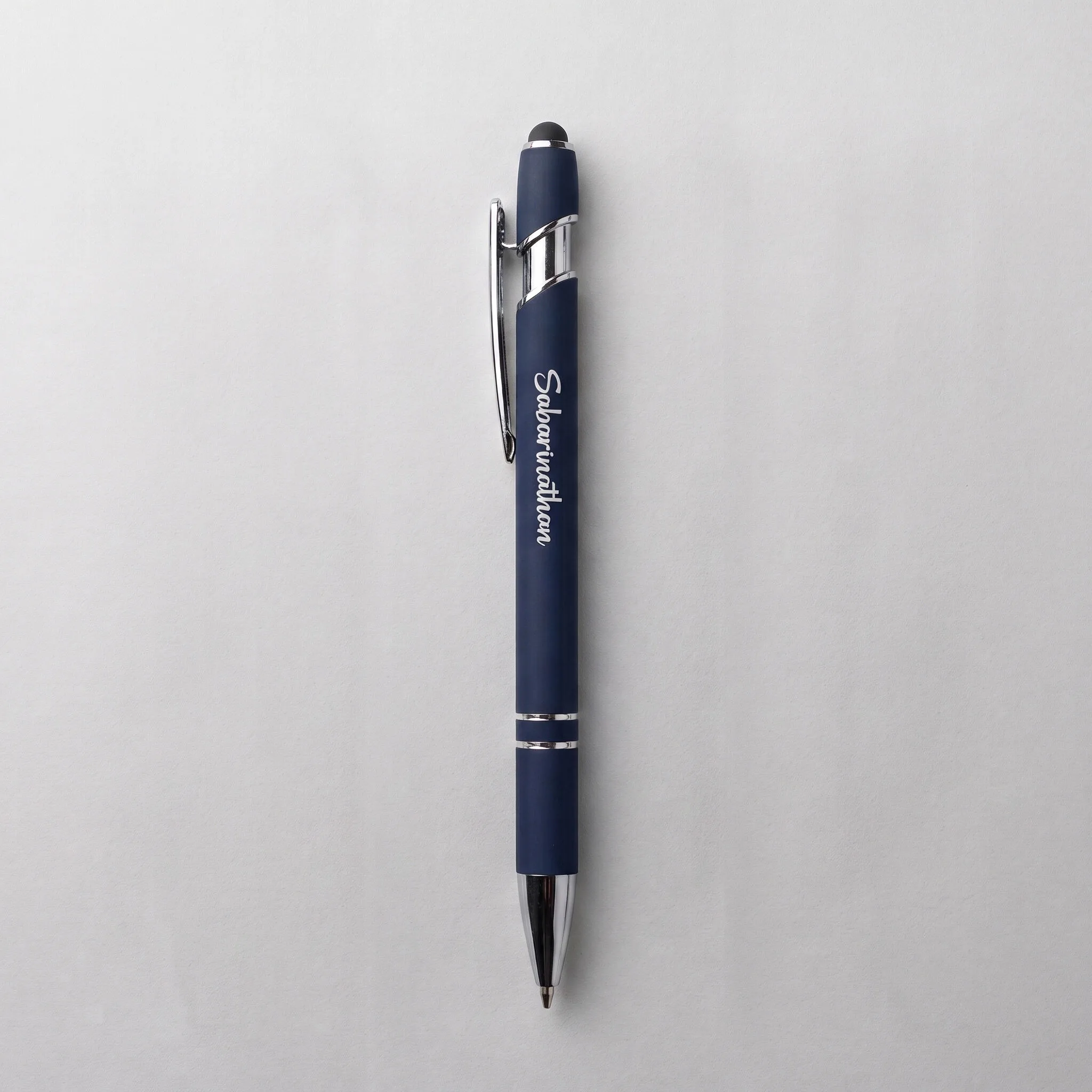 Set of three personalized metal stylus pens in mocha brown, navy blue and timeless black - view 3