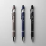 Set of three personalized metal stylus pens in mocha brown, navy blue and timeless black