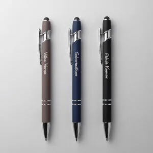 Set of three personalized metal stylus pens in mocha brown, navy blue and timeless black