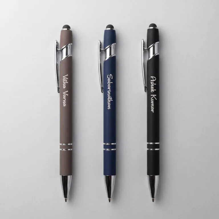 Set of three personalized metal stylus pens in mocha brown, navy blue and timeless black