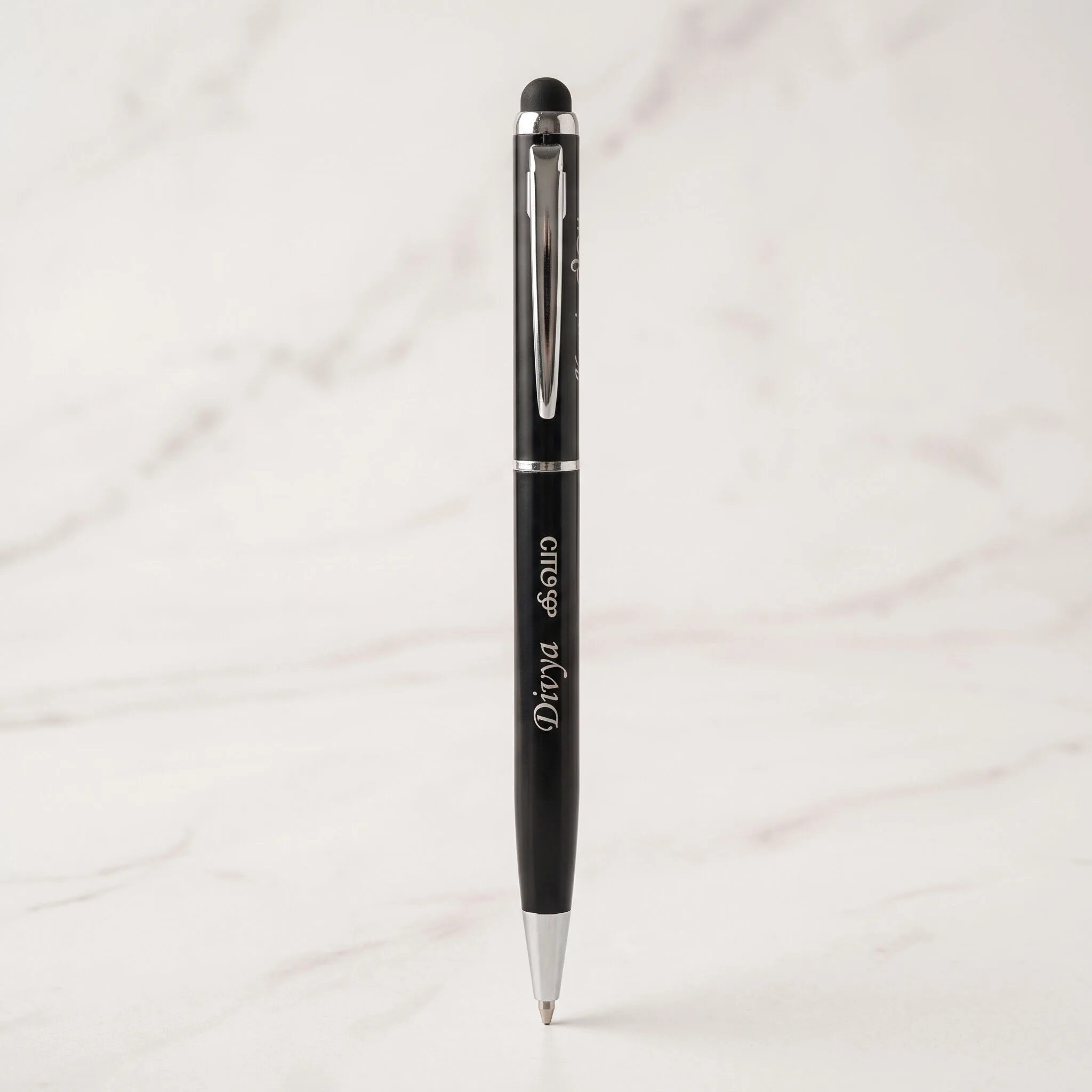 Custom engraved slim metal pen with stylus tip, presented as a premium gift - view 3
