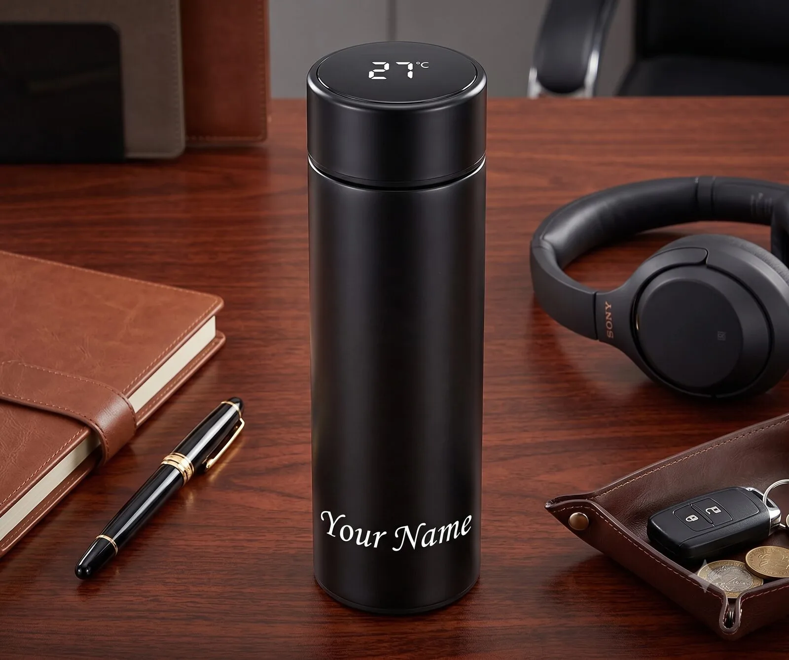 Personalized smart LED temperature display water bottle with a custom name printed on the flask - view 5