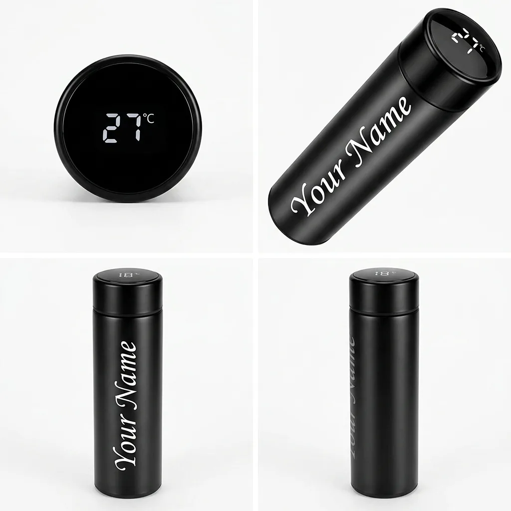 Personalized smart LED temperature display water bottle with a custom name printed on the flask - view 2