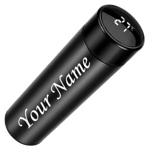 Personalized smart LED temperature display water bottle with a custom name printed on the flask