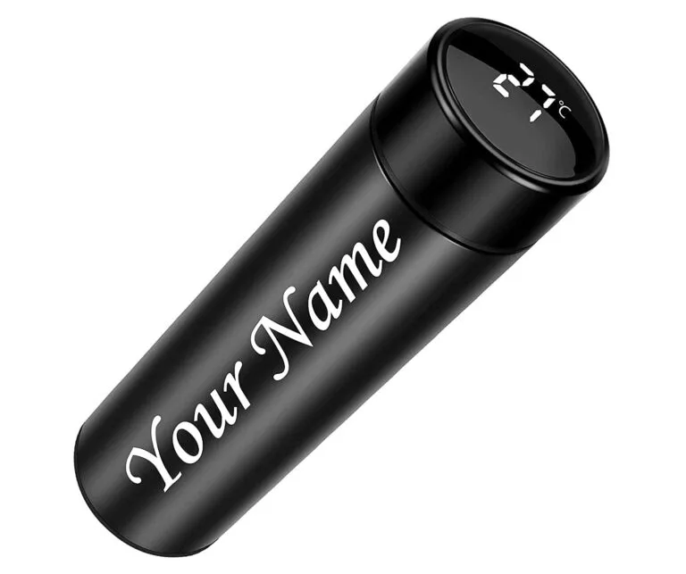 Personalized smart LED temperature display water bottle with a custom name printed on the flask