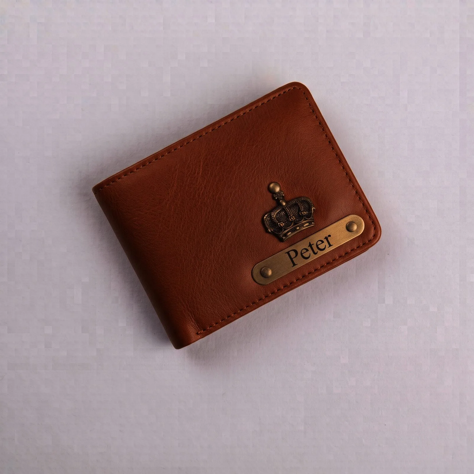Personalized brown leather wallet with custom name laser engraved on the front - view 2