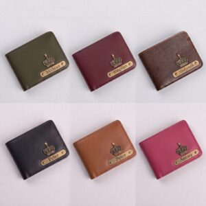 Personalized brown leather wallet with custom name laser engraved on the front