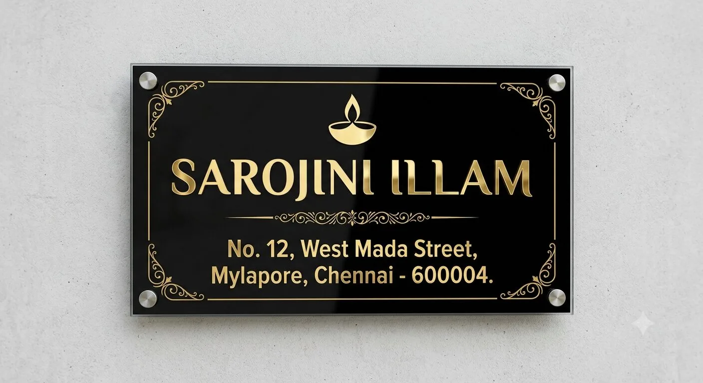 Black and gold acrylic house name board with raised lettering and address