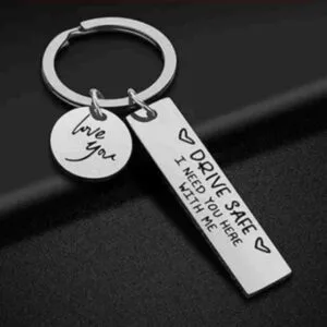 Drive Safe engraved steel bar keychain with love you charm for couples