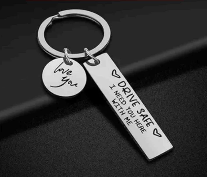Drive Safe engraved steel bar keychain with love you charm for couples