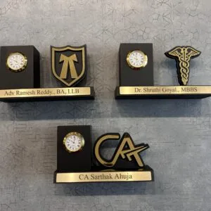 Wooden desk clocks with profession emblems and engraved name plates for doctors and advocates