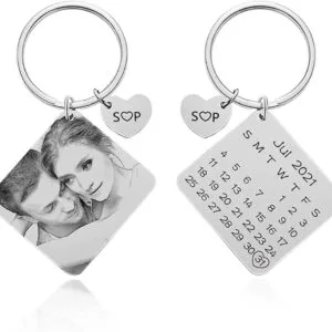 Photo engraved steel keychain with calendar tag marking a special date