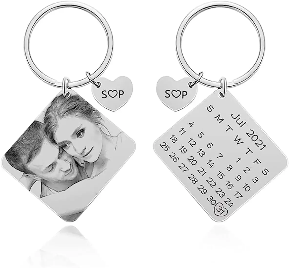 Photo engraved steel keychain with calendar tag marking a special date