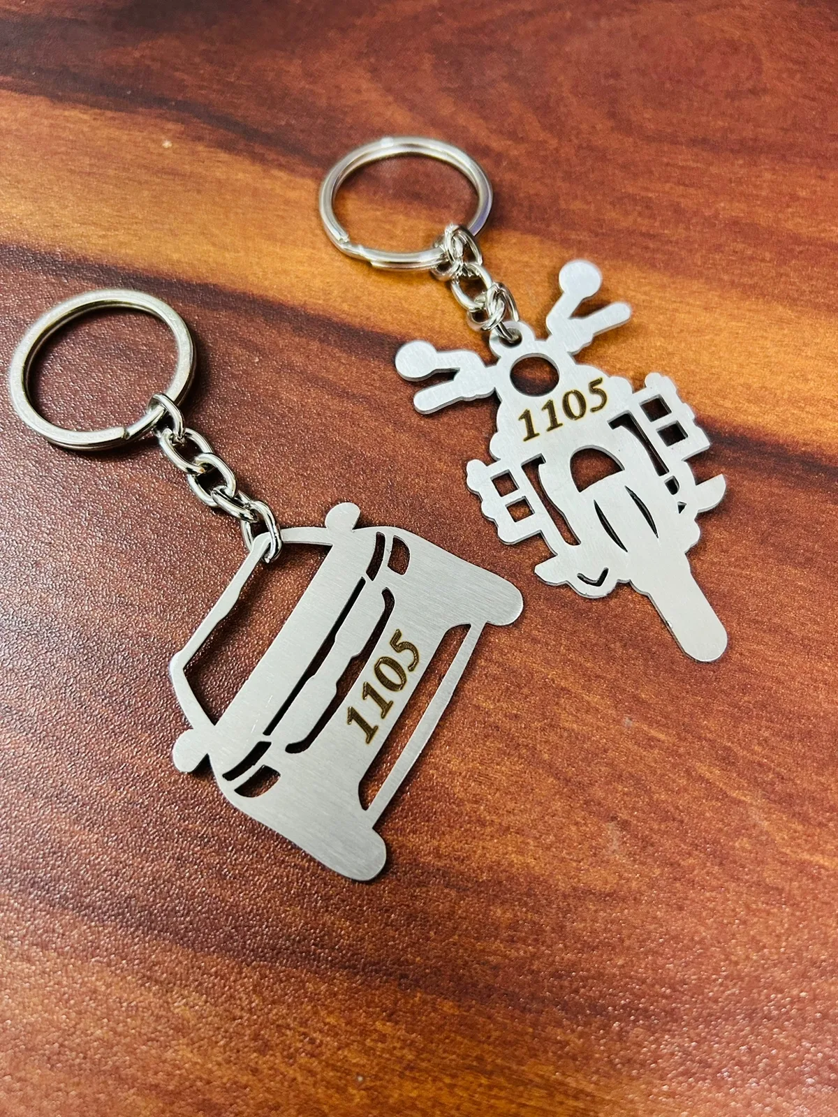 Custom laser cut profession shaped metal keychains with engraved numbers