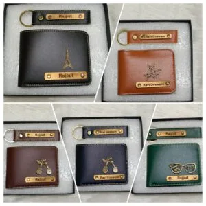 Leather wallet and keychain gift sets with engraved name plates in a box