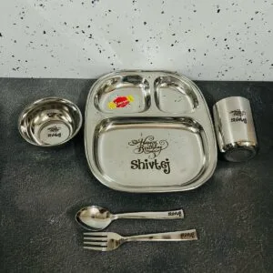 Steel kids dinner set with plate, bowls, tumbler and cutlery engraved with a child name