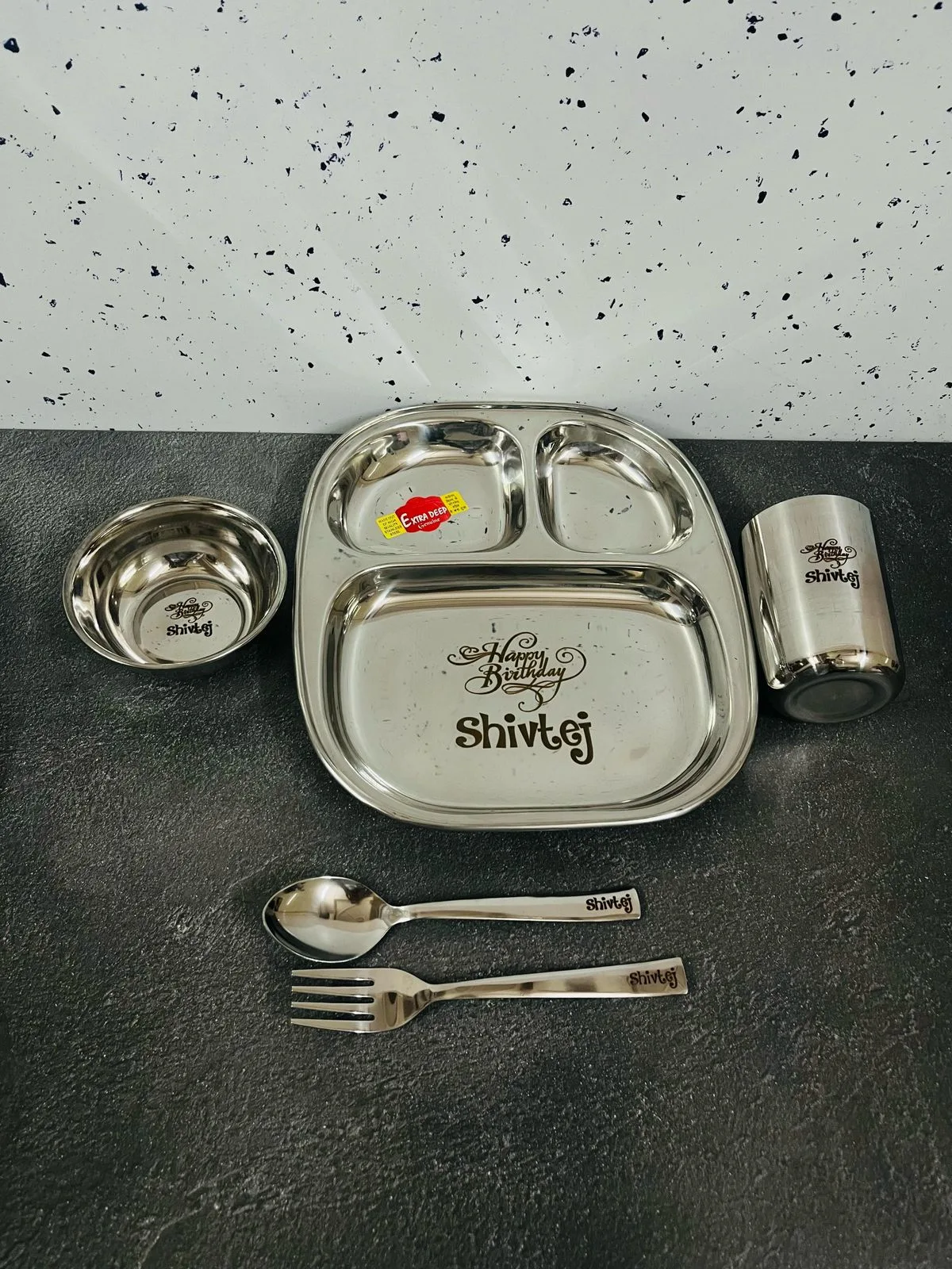Steel kids dinner set with plate, bowls, tumbler and cutlery engraved with a child name