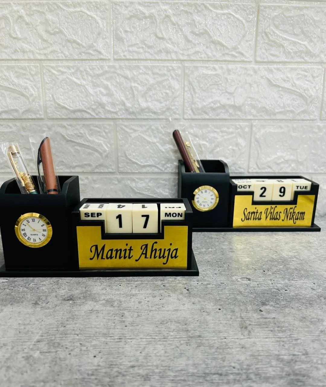 Personalised desk clock and calendar sets with engraved name plates