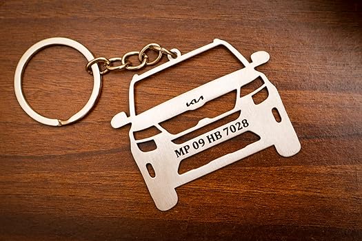 Laser cut steel car keyring engraved with a custom vehicle number