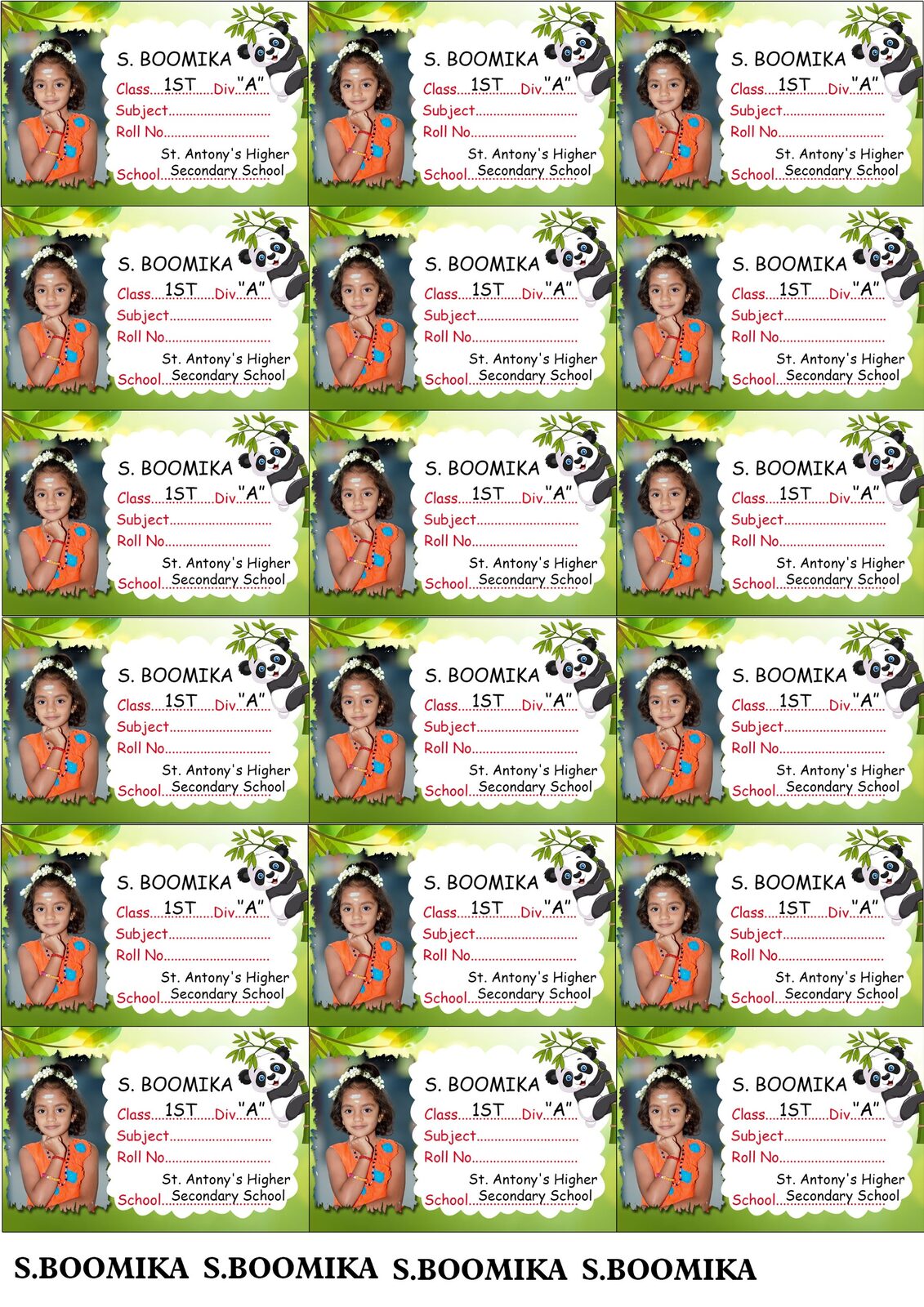 Sheet of school book labels with a student photo, name and class