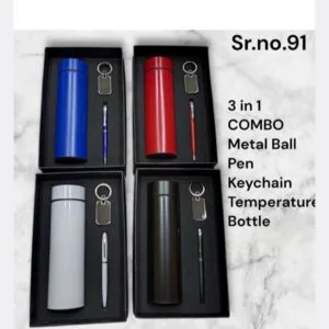 Three in one gift set with temperature bottle, metal pen and keychain in blue, red, white and black