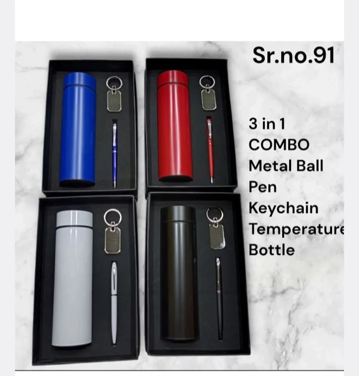 Three in one gift set with temperature bottle, metal pen and keychain in blue, red, white and black
