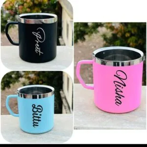 Personalised steel coffee mugs in black, blue and pink with names printed