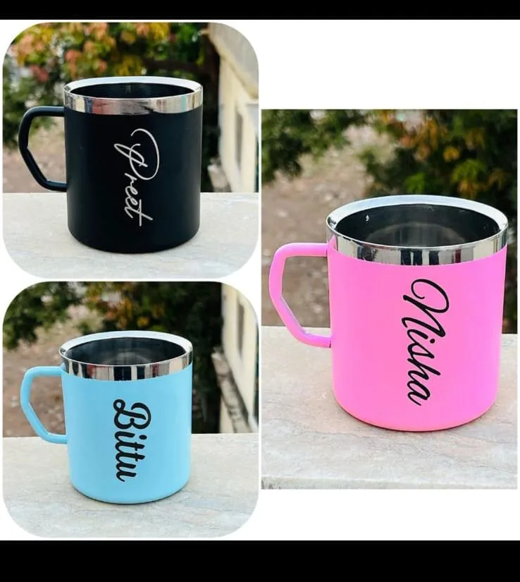 Personalised steel coffee mugs in black, blue and pink with names printed