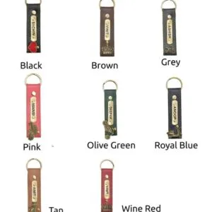 Leather strap keychains with engraved metal name plates in eight colours
