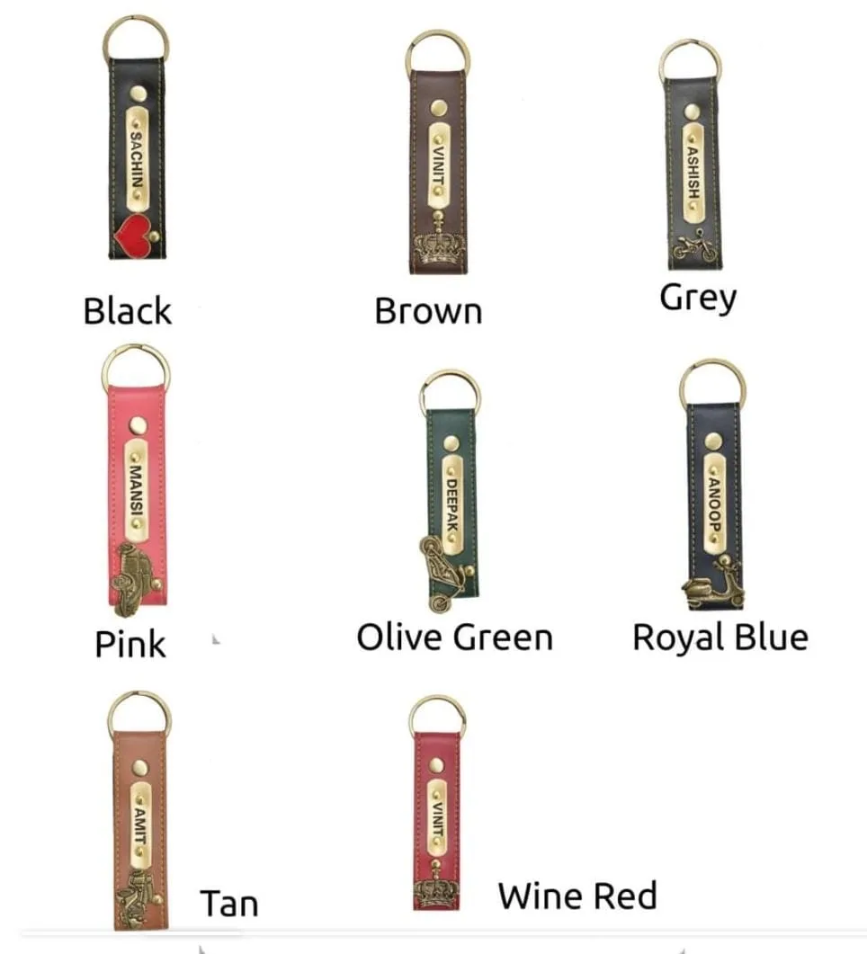 Leather strap keychains with engraved metal name plates in eight colours