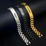 Mens engraved name bracelets in silver, black and gold steel chain