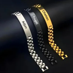Mens engraved name bracelets in silver, black and gold steel chain