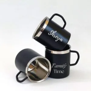 Black enamel camping mugs with names engraved on the side