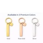 Engraved bar keychain with heart charm in gold, rose gold and silver finishes