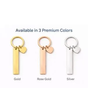 Engraved bar keychain with heart charm in gold, rose gold and silver finishes