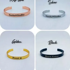 Personalised engraved cuff bracelets in rose gold, silver, golden and black finishes