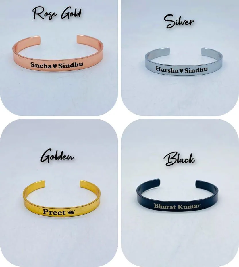 Personalised engraved cuff bracelets in rose gold, silver, golden and black finishes