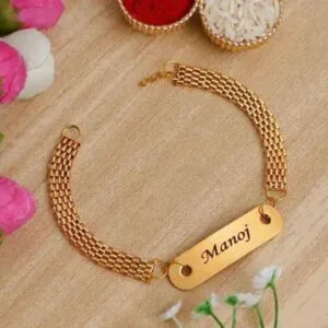 Gold mesh chain bracelet for women with a name engraved on the plate