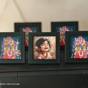 Set of framed photo prints including a child portrait and devotional frames