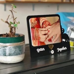 Wood engraved photo plaque with a couple portrait and their names