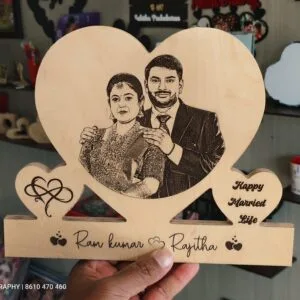 Heart shape wood engraved photo standee for a couple with Happy Married Life text